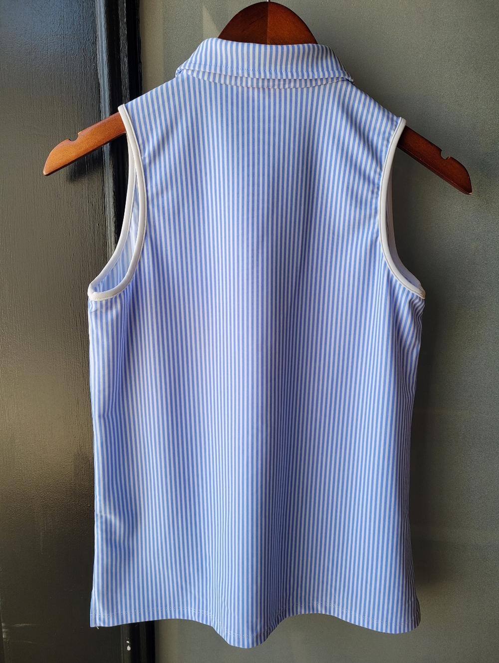 Blue White Striped Seeveless Polo Top Jude Connally XS Made in USA Zip Collard - Picture 3 of 11